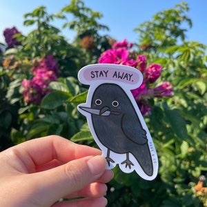 May include: A black crow sticker with a knife in its beak and a pink speech bubble that says "STAY AWAY." The sticker is held in a hand against a background of green leaves and pink flowers.