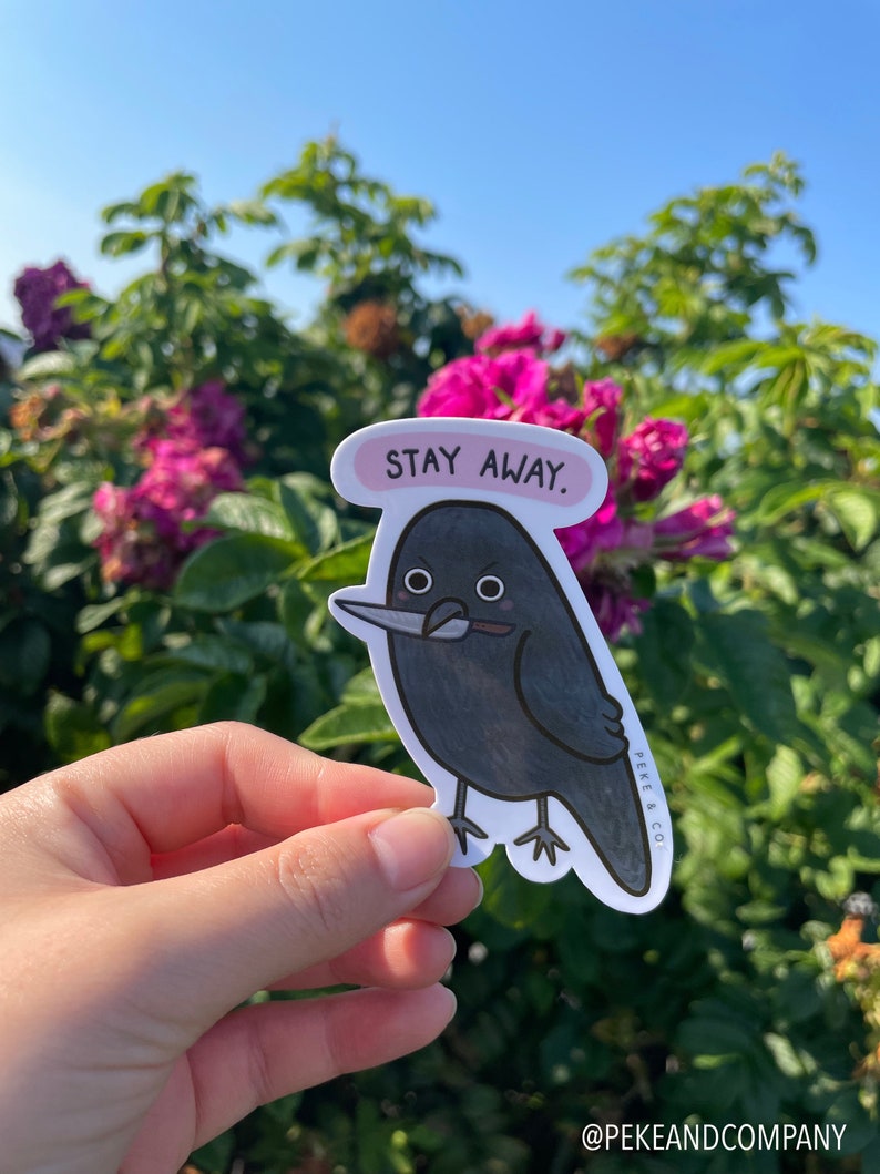 May include: A black crow sticker with a knife in its beak and a pink speech bubble that says "STAY AWAY." The sticker is held in a hand against a background of green leaves and pink flowers.