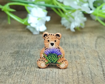 Scottish Thistle Pin, Handmade Scottish Gift, Tiny Bear Brooch, Scotland Teddy, Scottish Wedding Gift, Teddy Badge, Hand Painted Thistle