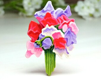 Sweet Pea Brooch, Handmade Birthday Gift, Flower Magnet, April Birth Flower, Goodbye Gift, Sweet Pea Flower Bouquet Pin, Thank You Gift