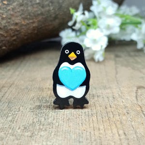 Penguin Pin, Handmade Wooden Penguin Badge, Cute Penguin Brooch, Best Friend Gift, Light Blue Heart, Kawaii Accessory, Penguin Lover Gift