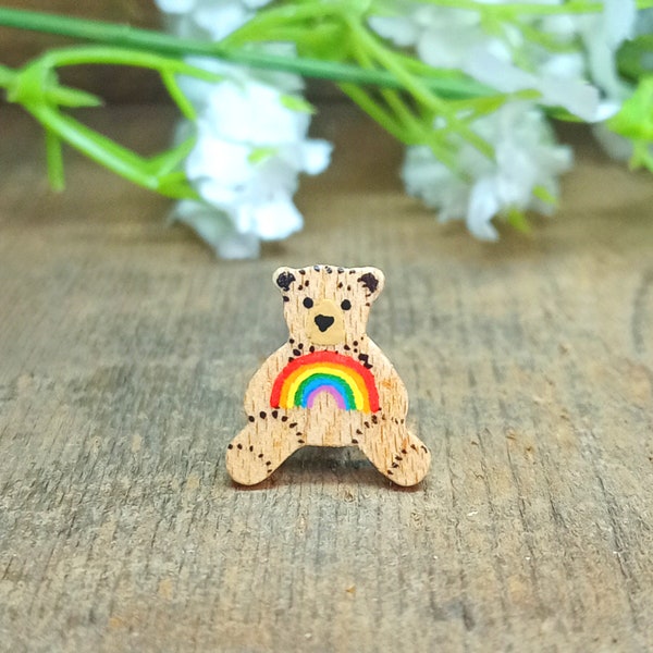 Tiny Rainbow Bear Hand Painted Pin, Thank You NHS Brooch, LGBTQ Rainbow Pride Gift, Little Wooden Teddy Badge, Handmade Small Miniature Bear