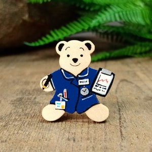 Nurse Graduation Gift, Handmade Nurse Bear Pin, Nurse Fridge Magnet, NHS Nurse Thank You Gift, New Job Nurse, Little Wooden Teddy Badge