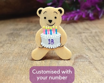 Birthday Number Badge Pin, Handmade Birthday Cake Teddy Bear Brooch, Cute Customised Personalised Birthday Gift, Painted Fridge Magnet