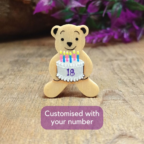 Birthday Number Badge Pin, Handmade Birthday Cake Teddy Bear Brooch, Cute Customised Personalised Birthday Gift, Painted Fridge Magnet