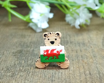 Tiny Wales Flag Bear Pin, Handmade Tiny Teddy Bear Badge, Little Wooden Welsh Gift,  Cute Miniature Baby Bear Brooch, Gift For Rugby Lover