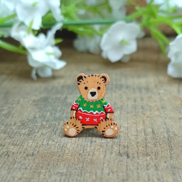 Christmas Jumper Tiny Bear Pin, Handmade Christmas Badge, Christmas Jumper Brooch, Christmas Themed Gift, Small Teddy Bear, Cute Little Bear