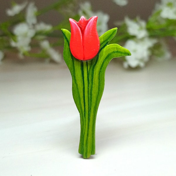 Tulip Gift, Handmade Red Tulip Brooch Pin, Flower Badge, Little Wooden Flower Lapel Pin, I Love You Gift, Thinking of You, Gift For Mum