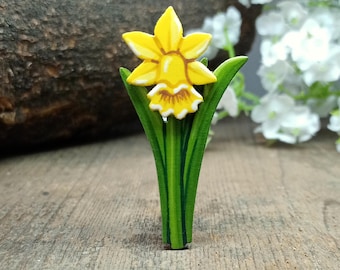 Daffodil Brooch, Handmade Wooden March Birth Flower Badge