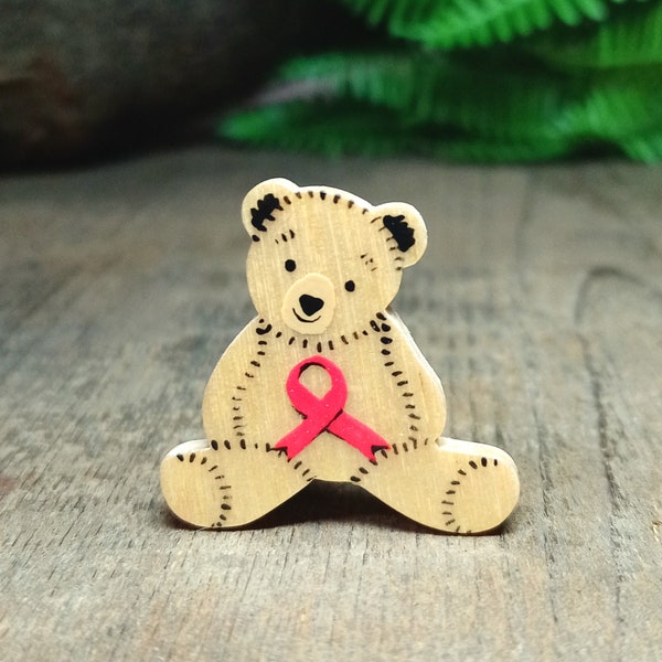 Red Awareness Ribbon Pin, Handmade Blood Cancer or Heart Disease Support Lanyard Badge, Cancer Patient Gift, Aids Support, Teddy Bear Brooch