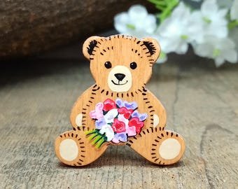Sweet Pea Bear Brooch, Handmade Teddy Badge, April Birth Flower