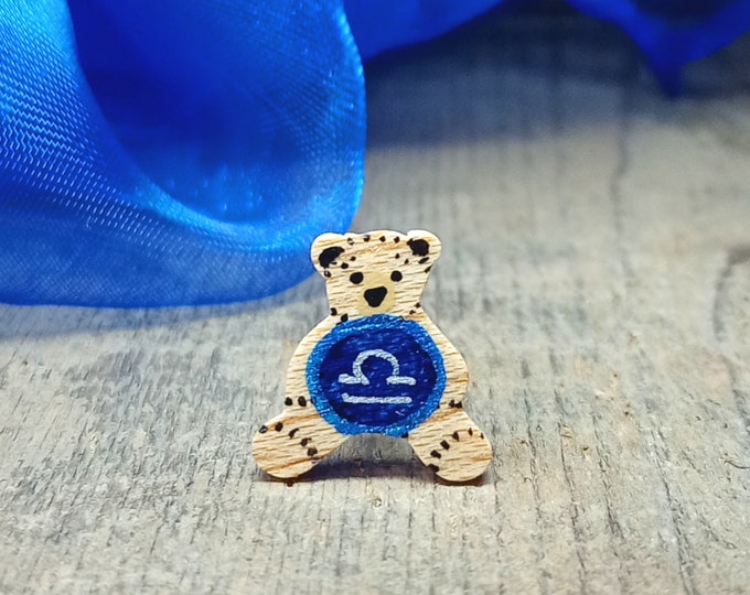 Libra Zodiac Gift, Handmade Star Sign Pin, Horoscope Badge, September Birthday, October Birthday, Astrology Jewellery, Cute Tiny Bear Brooch