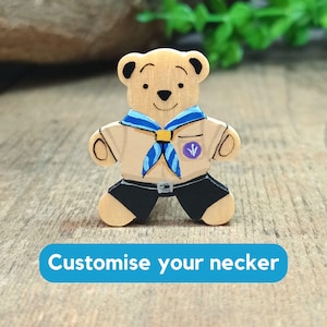 Beavers Leader Gift, Handmade Personalised Beavers Bear Lanyard Pin Badge, Customised With Your Colours, Teddy Brooch, Little Wooden Bear