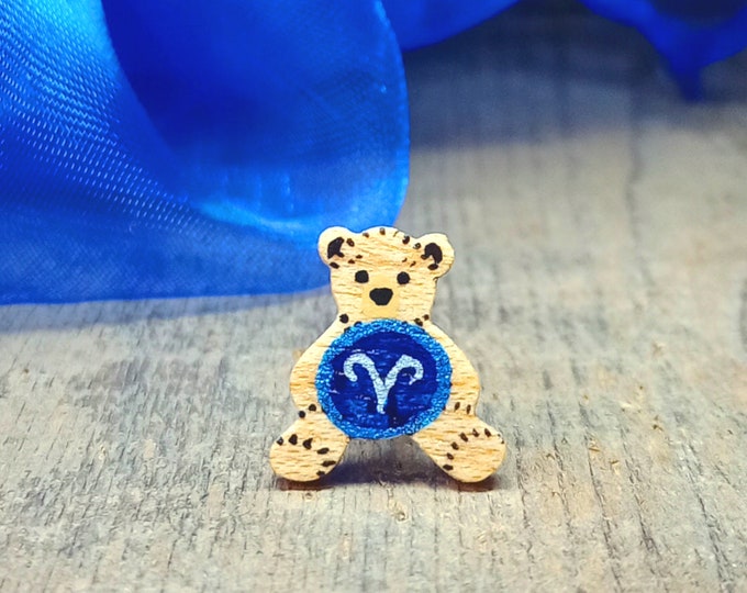 Aries Zodiac Gift, Handmade Star Sign Pin, Horoscope Badge, March Birthday, April Birthday, Astrology Jewellery, Cute Tiny Bear Brooch