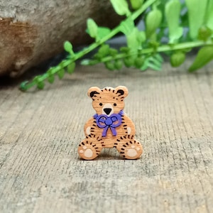 Handmade Tiny Wooden Teddy Bear Pin Badge, Cute Bear Brooch with Purple Ribbon, Kawaii Bear Gift, Purple Gift, Collectable Teddy Pin