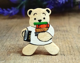Bookworm Gift, Handmade Bookworm Pin, Book Lover Gift Idea, Bookish Pin, Librarian Student Gift, Bookish Merch, Cute Little Wooden Book Bear