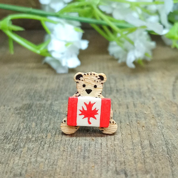 Canadian Flag Pin, Handmade Tiny Canada Bear Badge, Teddy Bear Birthday Brooch, Canadian National Flag Gift, Cute Little Baby Bear