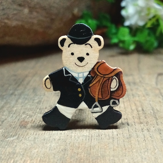 Horse Riding Gift Handmade Gift for Horse Lover Teddy Bear Horse Rider Pin Badge Personalised Gift Little Painted Wooden Bear Brooch Etsy