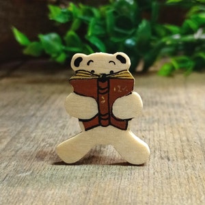 Bookworm Bear Pin, Handmade Gift For Student, Gift For Bookworm, Librarian Brooch, Book Lover Gift, Bookish Merch, Little Wooden Teddy Badge