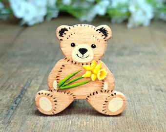 Daffodil Brooch, Handmade Teddy With Flower Pin, Daffodil Gift, March Birth Flower, Mother's Day Gift, March Birthday Gift, Welsh Jewellery