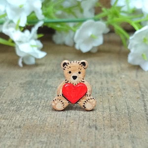 Tiny Hand Painted Love Heart, Tiniest Bear Pin, Baby Bear Brooch, Cute Little Wooden Teddy Badge, Handmade Small I Love You Gift