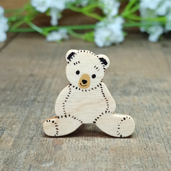 Teddy Bear Brooch, Teddy Bear Pin, Handmade Bear Gift For Adult, Traditional Teddy Bear Badge, Little Wooden Bear, Painted Teddy Magnet UK