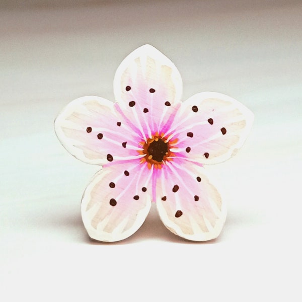 Cherry Blossom Pin, Handmade Sakura Brooch, Japanese Flower, Delicate Pink Flower, Gift For Gardener, Little Painted Wooden Flower Badge