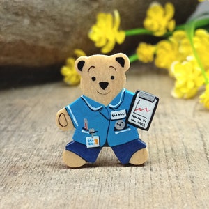 Nurse Graduation Gift, Handmade Nurse Bear Pin, Nurse Fridge Magnet, NHS Nurse Thank You Gift, New Job Nurse, Little Wooden Teddy Badge