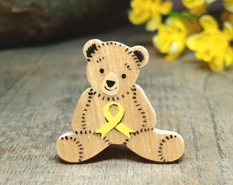 Yellow Ribbon Bear Pin, Handmade Bone Cancer Awareness Support Gift, Soldiers Fighting Abroad Badge, Suicide Prevention Teddy Brooch