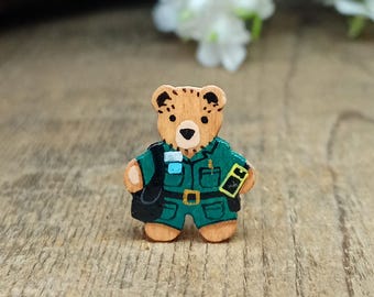 Paramedic Bear Pin, Handmade Tiny Wooden Teddy Badge