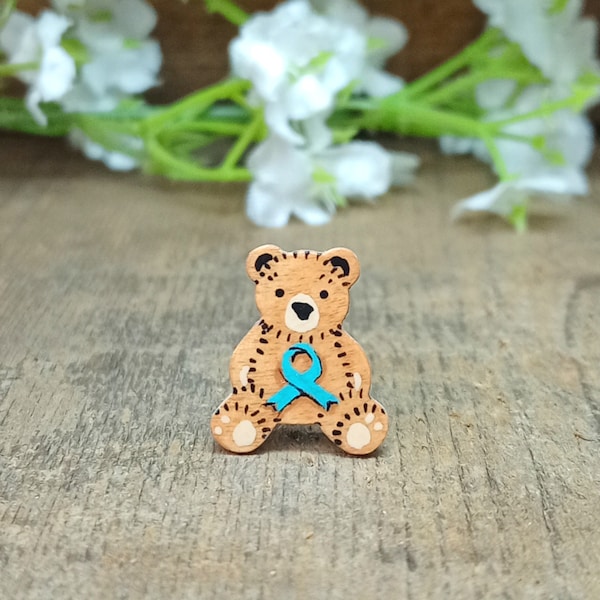 Tiny Ovarian Cancer Awareness Ribbon Bear Pin, Handmade Bone Tumour Support Gift, Memorial Keepsake Badge, Cancer Survivor Teddy Brooch