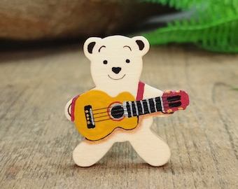 Guitar Bear Pin, Handmade Wooden Teddy Badge or Fridge Magnet