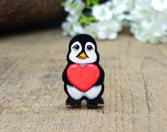 Penguin Brooch, Handmade Wooden Painted Pin