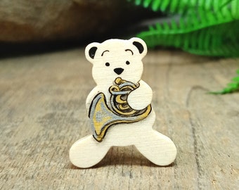 French Horn Pin Gift, Handmade French Horn Bear Badge, Musician Gift, Musical Instrument Gift, Teddy Bear Wooden Brooch, French Horn Magnet