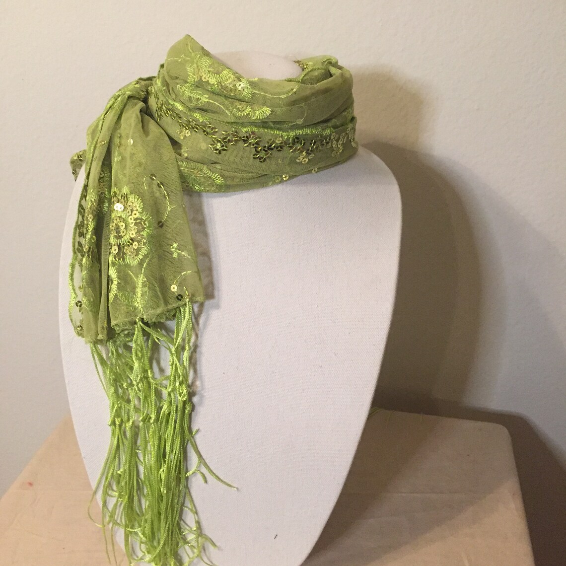 Lime Green Embroidered Scarf with Sequins Etsy