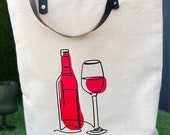 Reusable Natural Canvas Shopper Tote Bag with Leather Strap (42cm x 38cm) Wine Design