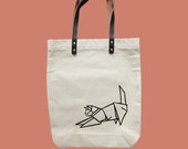 Reusable Natural Canvas Shopper Tote Bag with Leather Strap (42cm x 38cm). Origami cat design.