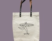 Reusable Natural Canvas Shopper Tote Bag with Leather Strap (42cm x 38cm). Skater girl with a surf design.