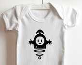 White 100% cotton baby vest with "Robobaby" design.