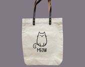Reusable Natural Canvas Shopper Tote Bag with Leather Strap (42cm x 38cm). MEW Cat Design