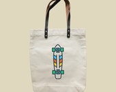 Reusable Natural Canvas Shopper Tote Bag with Leather Strap (42cm x 38cm). Retro Skateboard design.