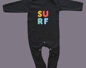 Unisex long sleeve baby romper (baby suit) with SURF word design. 100% cotton. Black. Great quality, stylish. Multiple colours.