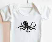 White 100% cotton baby vest with "Octopus" unique design. Free personalisation available. Multiple fonts and colours.