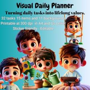 May include: A digital illustration of a visual daily planner with cartoon children. The text reads: "Visual Daily Planner, Turning daily tasks into lifelong values. 32 tasks 15 items and 11 backgrounds. Printable at 300 dpi in A4 and Us Letter. Sticker friendly - Editable."