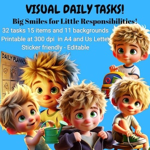 May include: A digital illustration with five cartoon children with blonde hair and green eyes. The image includes text that reads "VISUAL DAILY TASKS!" and "Big Smiles for Little Responsibilities!" The text also mentions 32 tasks, 15 items, and 11 backgrounds.