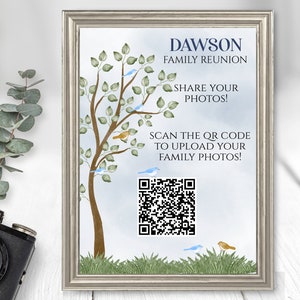 Printable Family Reunion Sign Template, Share your Photos Sign, QR Code Sign, Photo Sharing, Party, Table Sign, 3 Sizes, Editable Text 722S