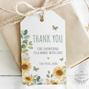 Afdrukbare zoete zonnebloem bedankkaartje, bewerkbaar zonnebloem cadeaukaartje, rustieke gunst cadeaukaartje, groen label, meisje van de baby, instant download, 150S
