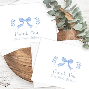 Druckbare gefaltet 5x3.5 Dankeskartenvorlage, personalisierte Babyparty, blaue Schleifen-Hinweiskarten, Baby Boy, bearbeitbarer Text, sofortiger Download, 145S