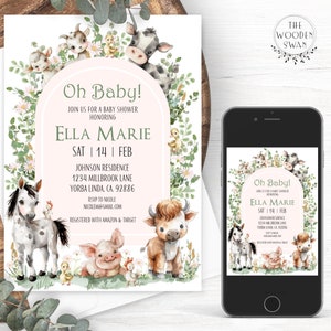 Modèle imprimable d'invitation de baby shower d'animaux de ferme, invitation d'animal de basse-cour de fille mignonne, invitation de verdure, pays de petite fille, modifier le texte, 149S