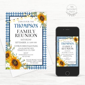 Modelo de convite para reunião de família, piquenique em família, festa de reunião, convite para impressão 5x7, festa de reunião de família Sunflower, texto editável, 744S